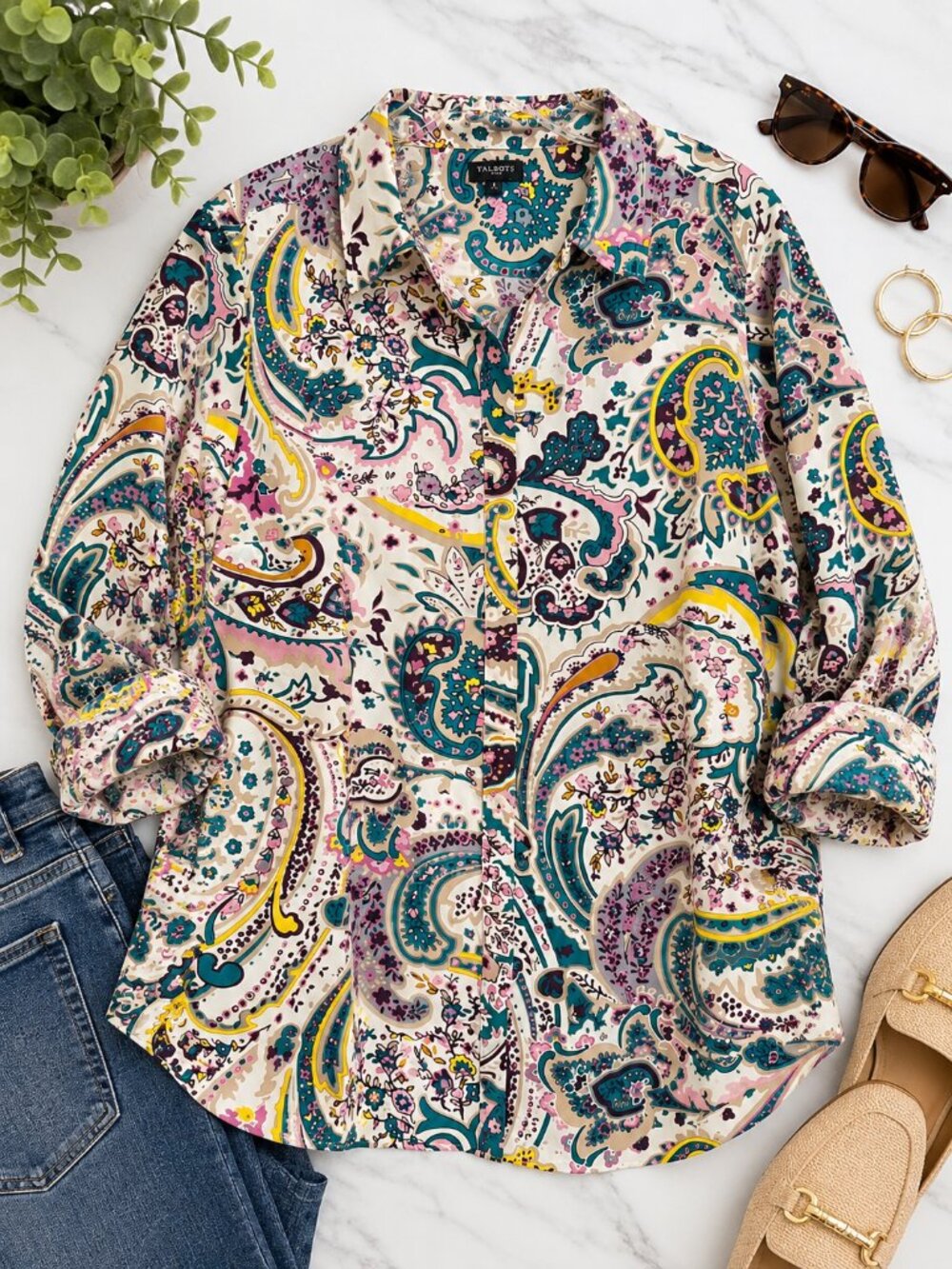 Talbots 2X Paisley Floral Button Down Blouse Teal Pink Yellow Plus Size
